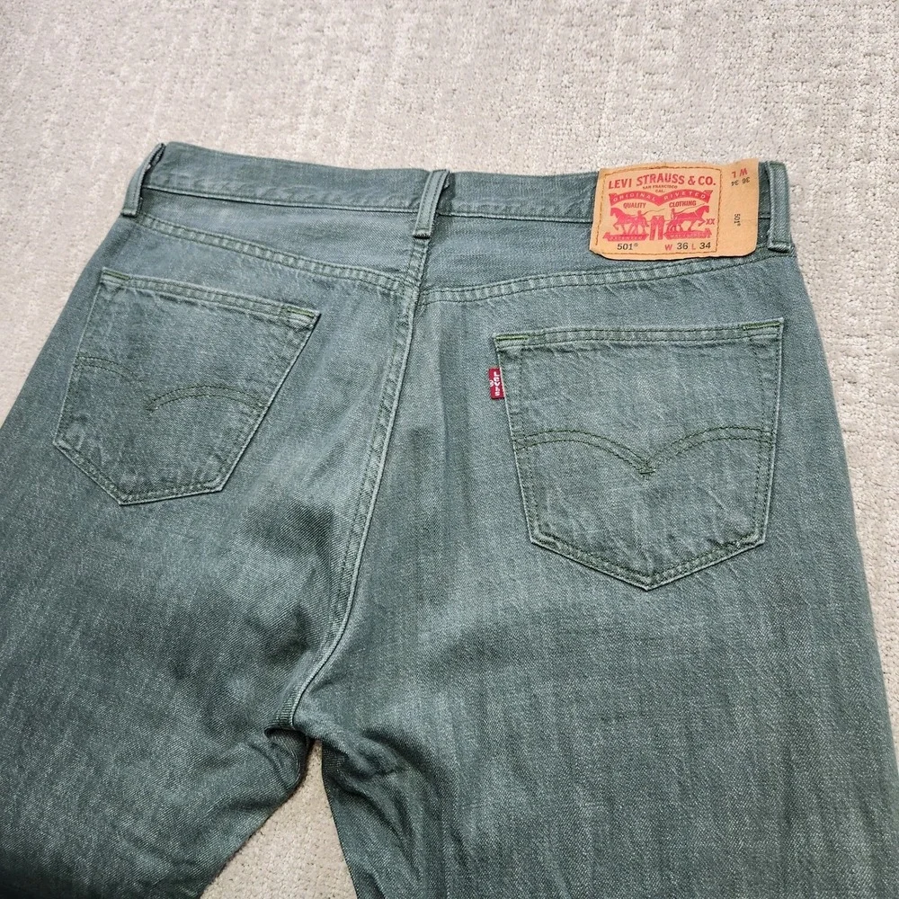Levis 501 Jeans Men‎ 35x32 READ* White Oak Cone Denim Straight Button Fly Green